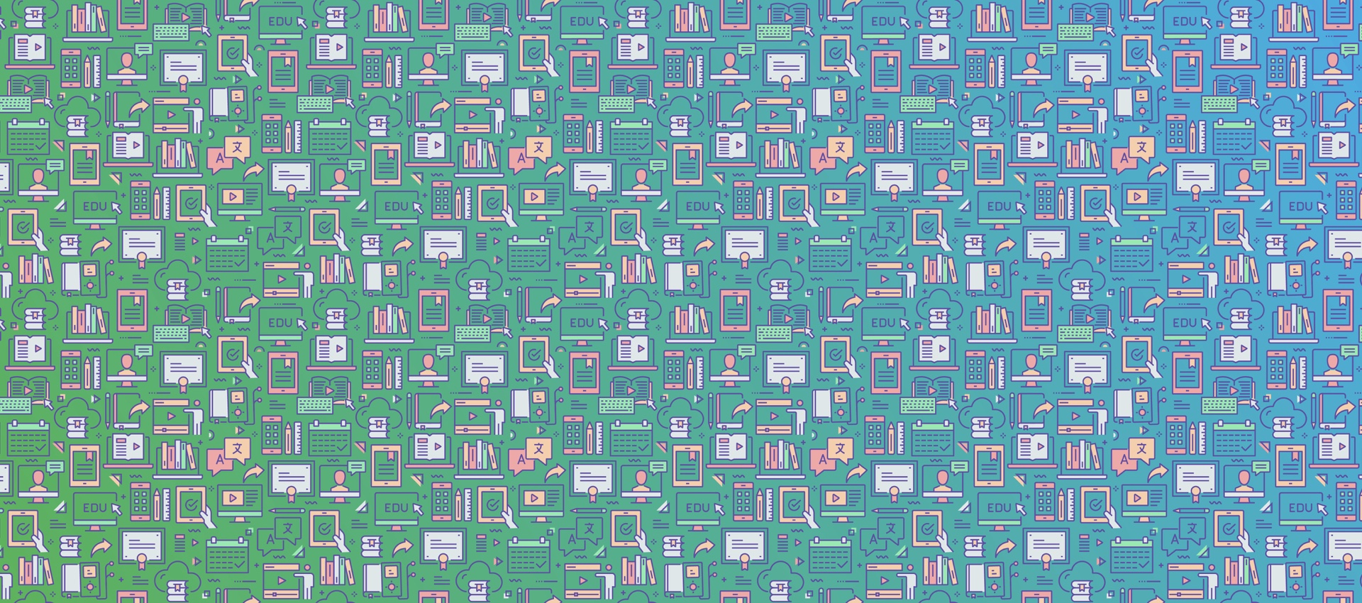 Blue image with animated cell phones, desktops and tablets. 