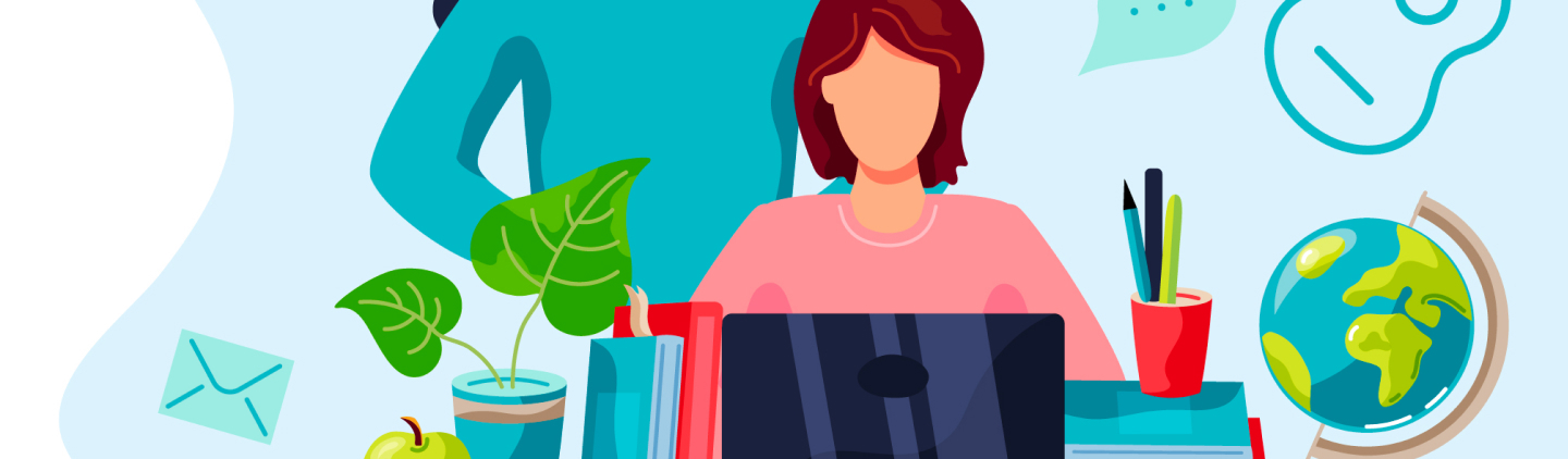 Illustrated woman in pink shirt on a laptop next to a globe. 