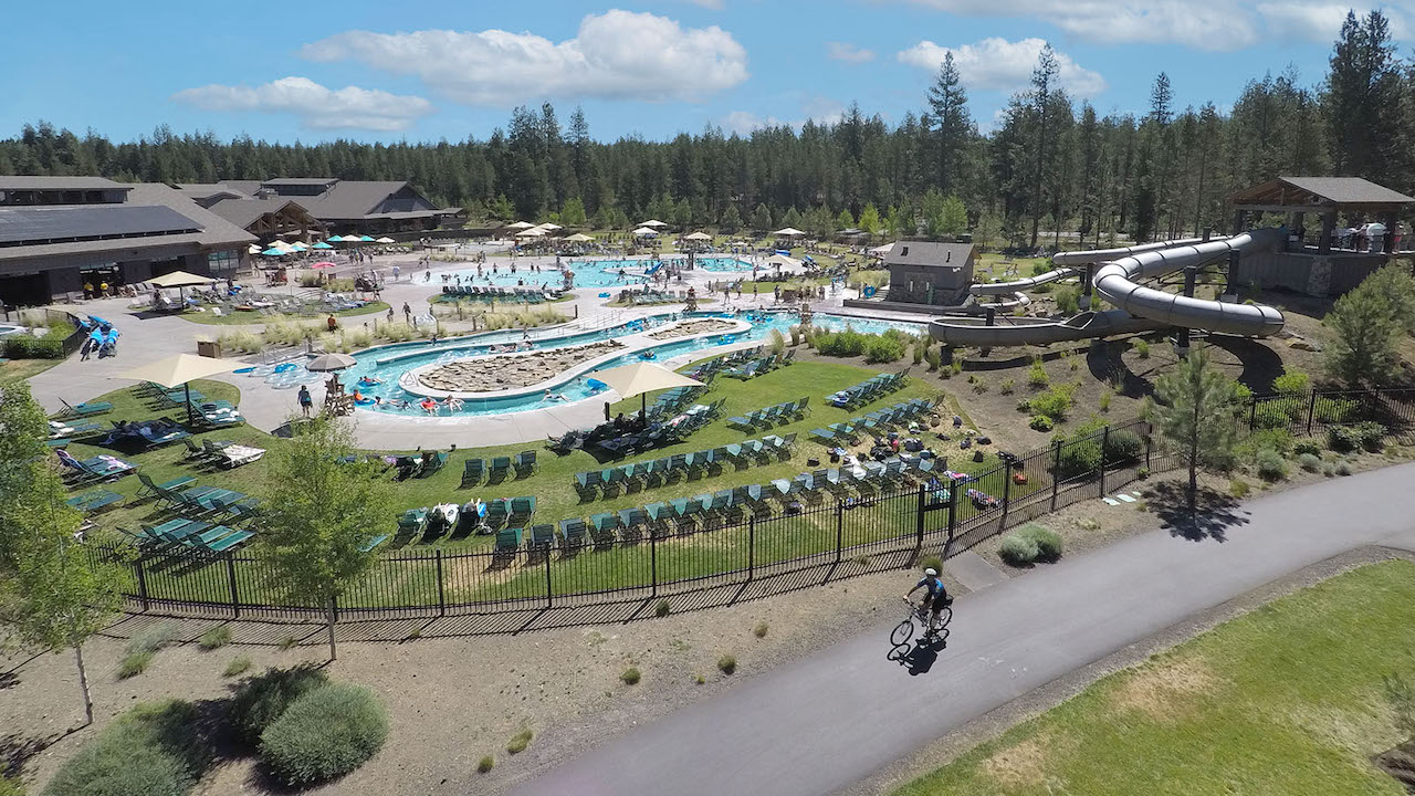 Outdoor ariel view of Sunriver Homeowner's Aquatic & Recreation Center in Sunriver, Oregon.