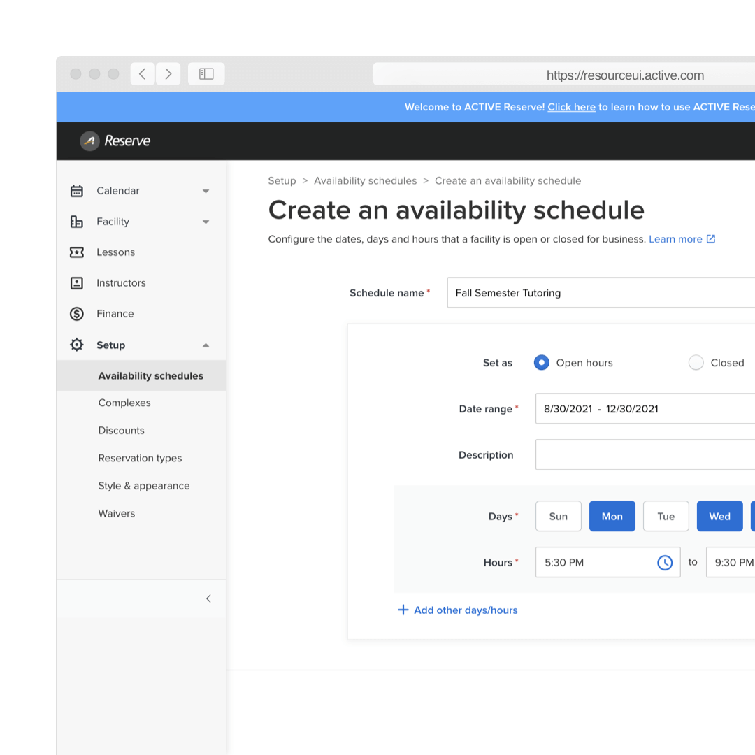 creating an availability schedule screen