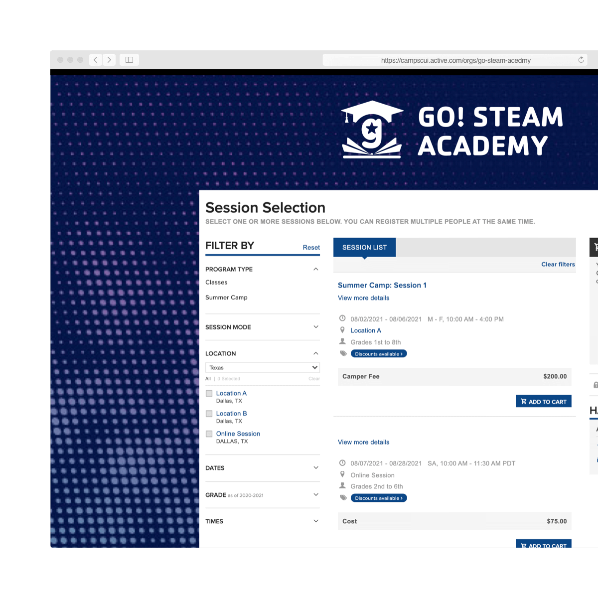 registration page on active