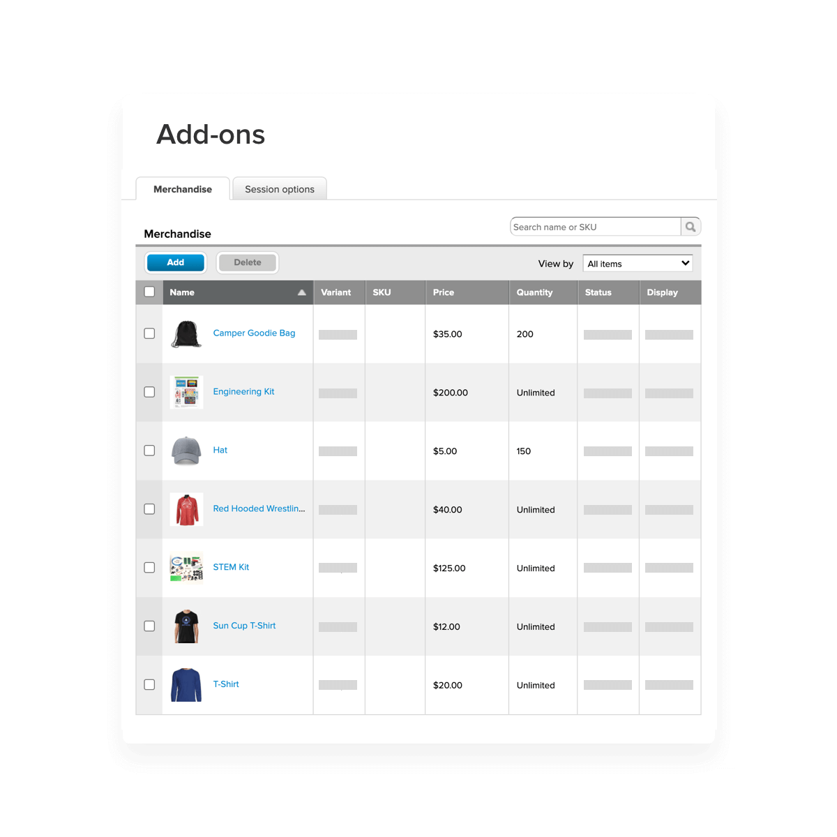merchandise setup within camp and class manager